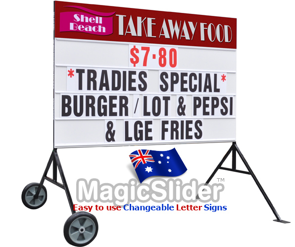 Suitable for roadside advertising and business signage, the all metal construction and sturdy welded leg system makes the perfect interchangeable letter system for outside signage on wheels.